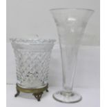 A heavy cut glass vase on a gilt metal stand and a tall trumpet shaped cut glass vase, tallest 35.