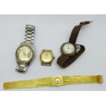 An .800 silver wristwatch and three other watches, (Seiko a/f)