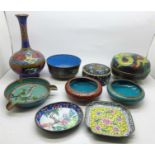 Nine items of cloisonne, most a/f