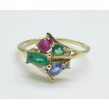 A 9ct gold multi-gem set ring including emerald, ruby and tanzanite, 2.7g, S