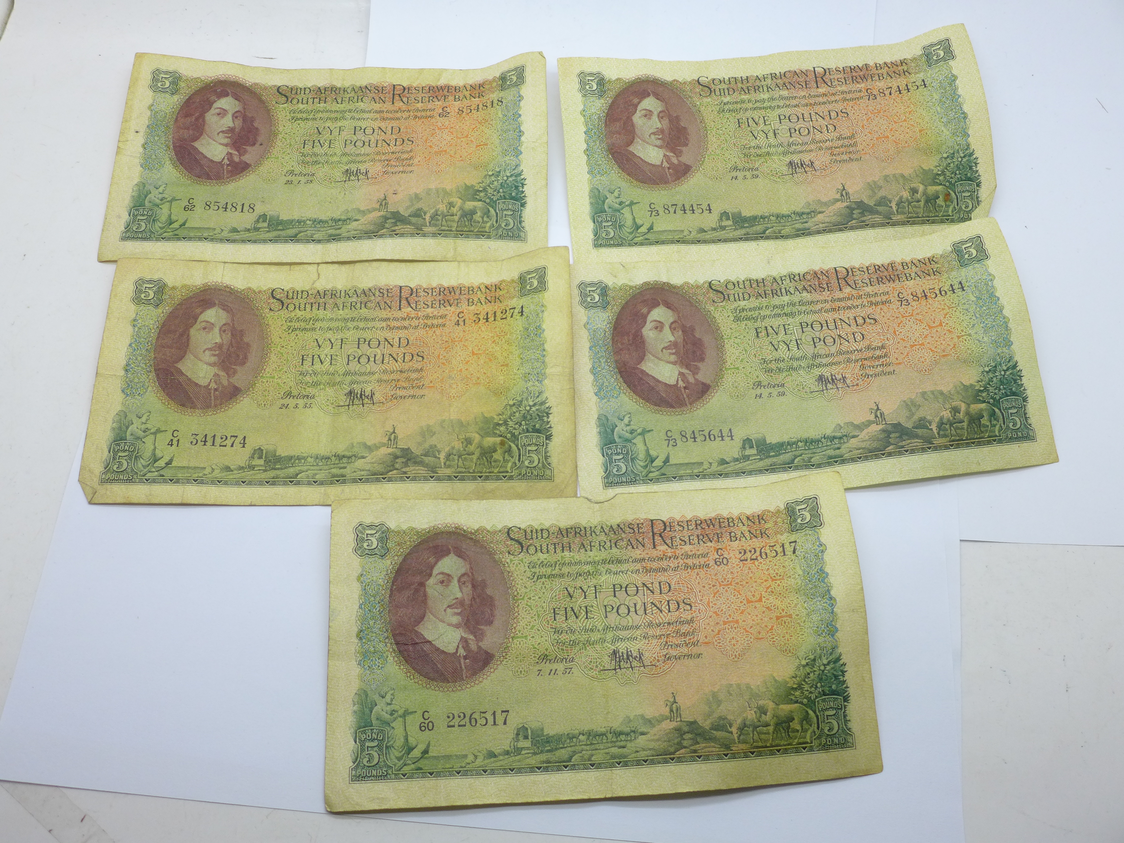 Five 1950's South African Reserve Bank notes