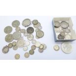 Pre 1920 silver coins including Victorian, 62g, 1920 to 1946 silver coins including three mounted,