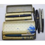 Six fountain pens; Blackbird with 14ct gold nib, four Parker and one other, a/f