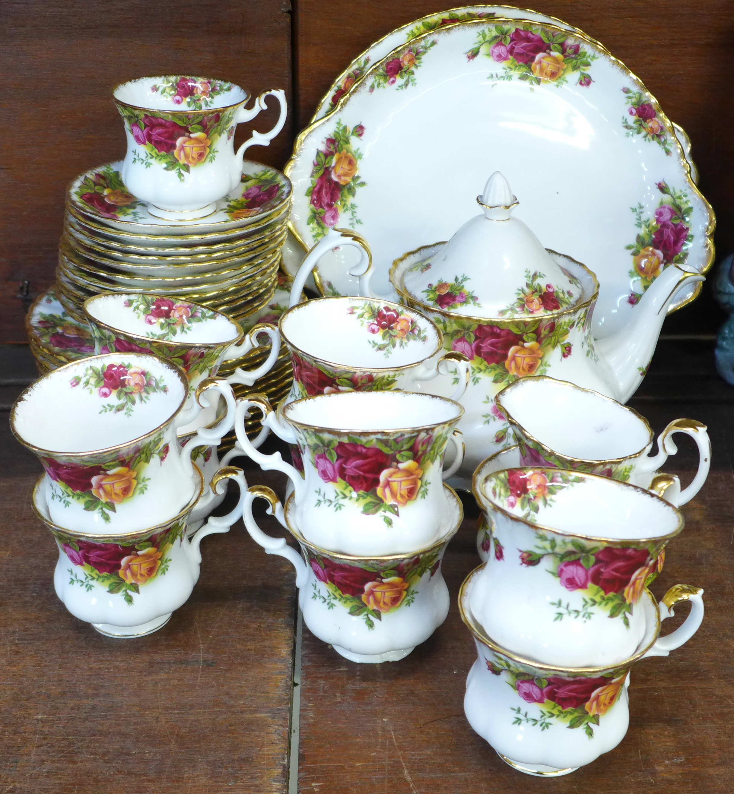 A Royal Albert Old Country Roses coffee set with small teapot, two cake plates, eleven cups,