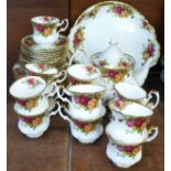 A Royal Albert Old Country Roses coffee set with small teapot, two cake plates, eleven cups,