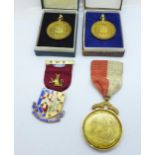 Two silver gilt Derbyshire FA medallions, 'Senior Cup Referee', 1960/61 and 1966, a silver and