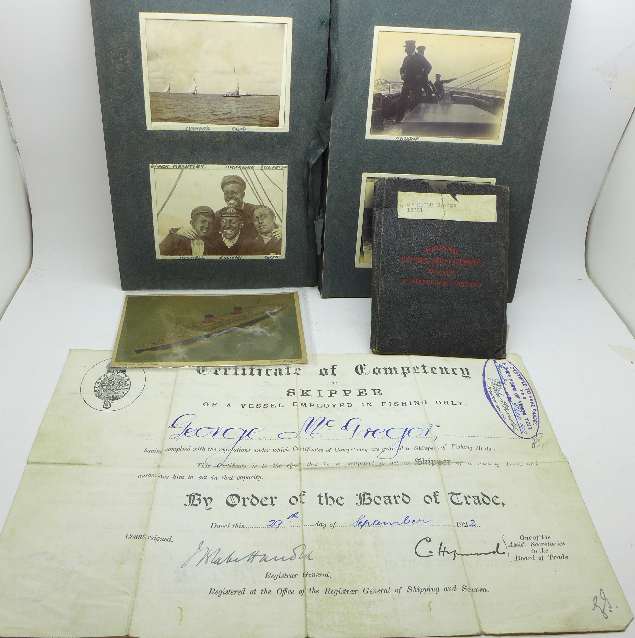 A United Navigation Committee Grimsby certificate, a photograph album including yachting, a Cunard