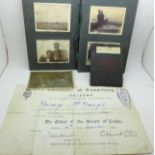 A United Navigation Committee Grimsby certificate, a photograph album including yachting, a Cunard