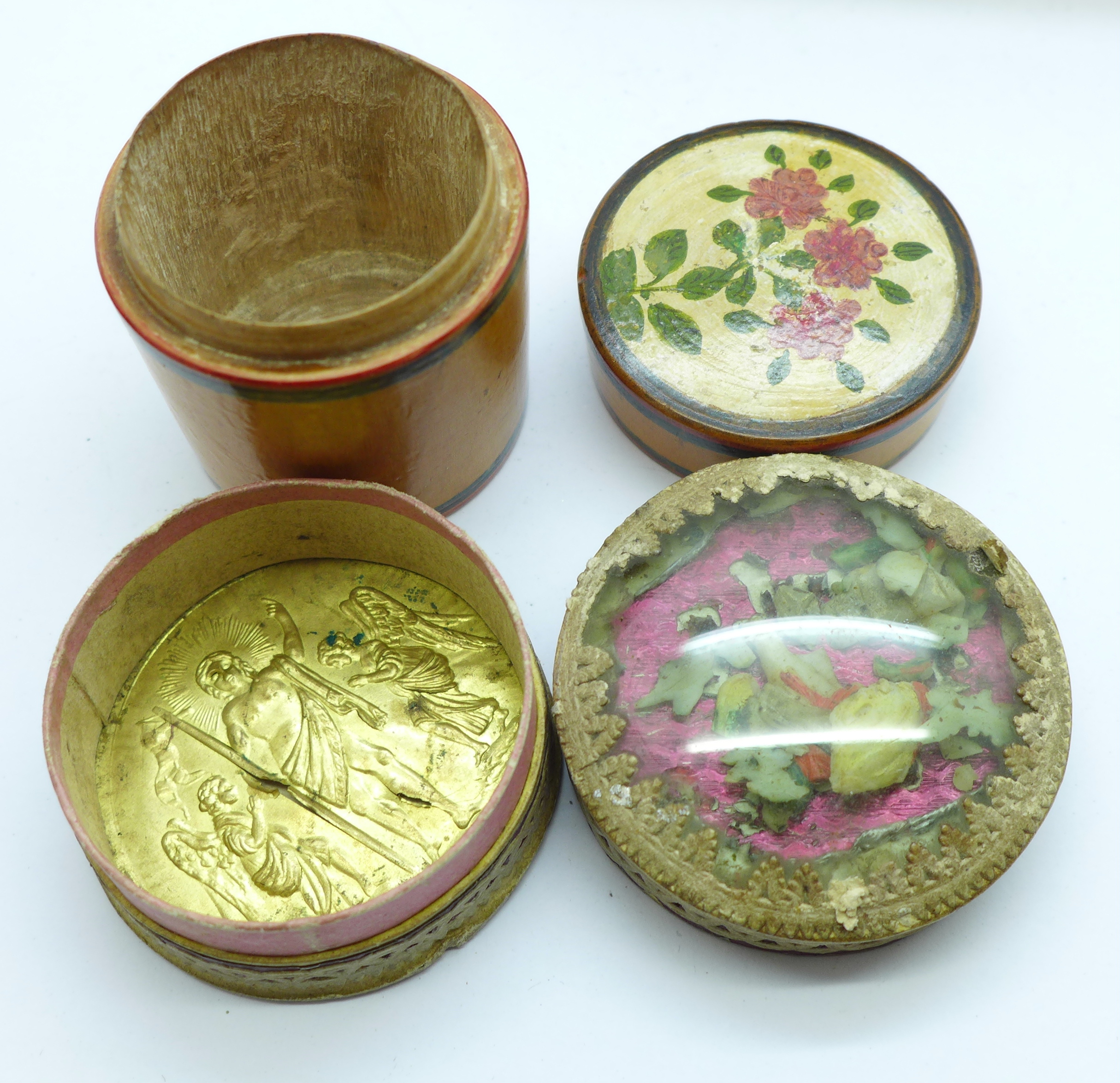 Three treen items including a dice shaker and a circular box depicting a religious scene in the - Image 3 of 4