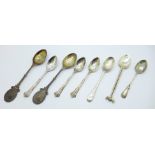 Eight silver spoons including one with continental mark, 100g
