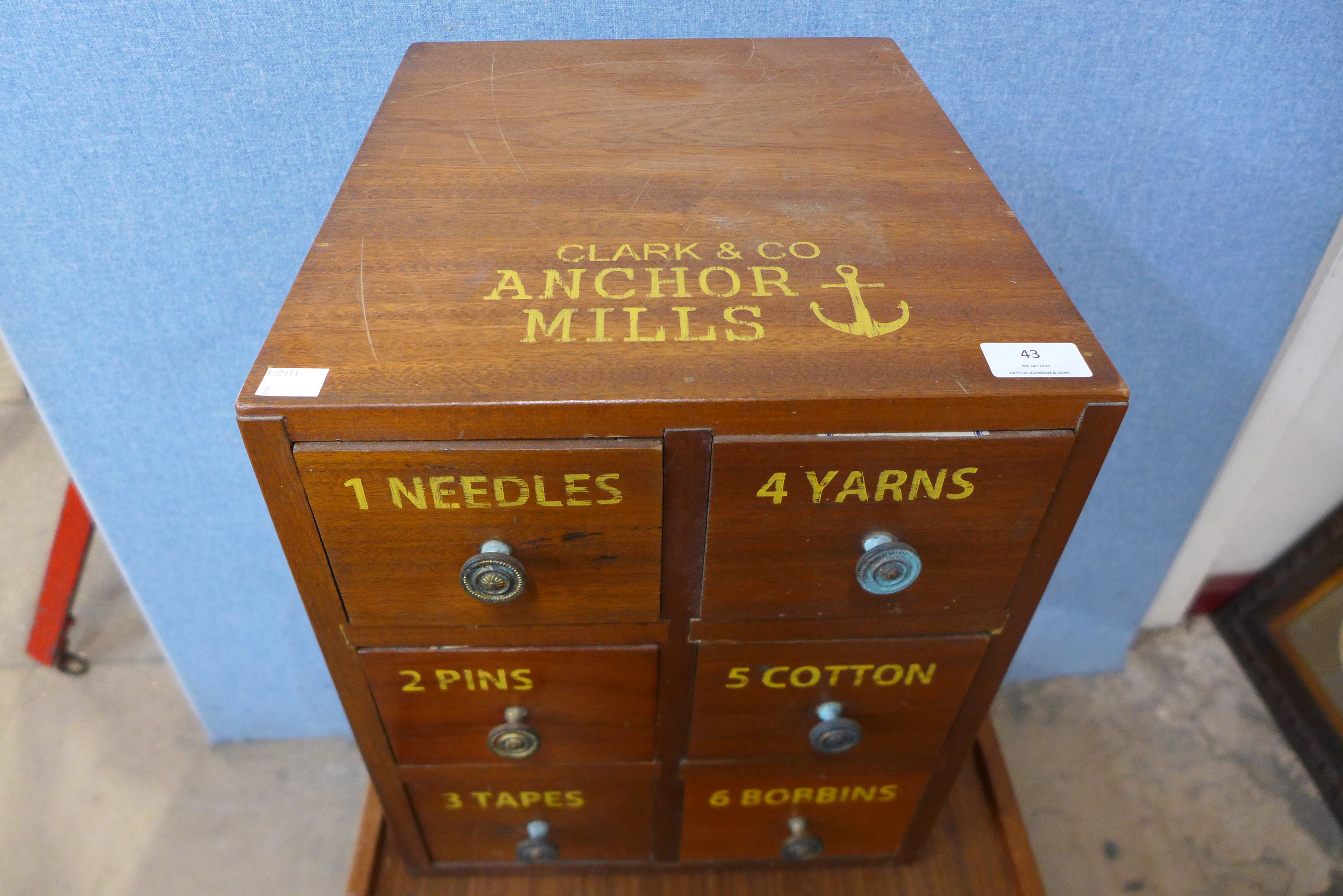 A beech six drawer counter top haberdashery cabinet, bearing Clark & Co, Anchor Mills inscription - Image 2 of 2