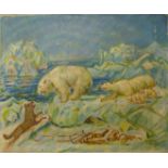 Dutch School, polar bears being attacked by a wolf, oil on canvas, indistinctly signed, 63 x