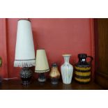 Three West German vases and two lamps