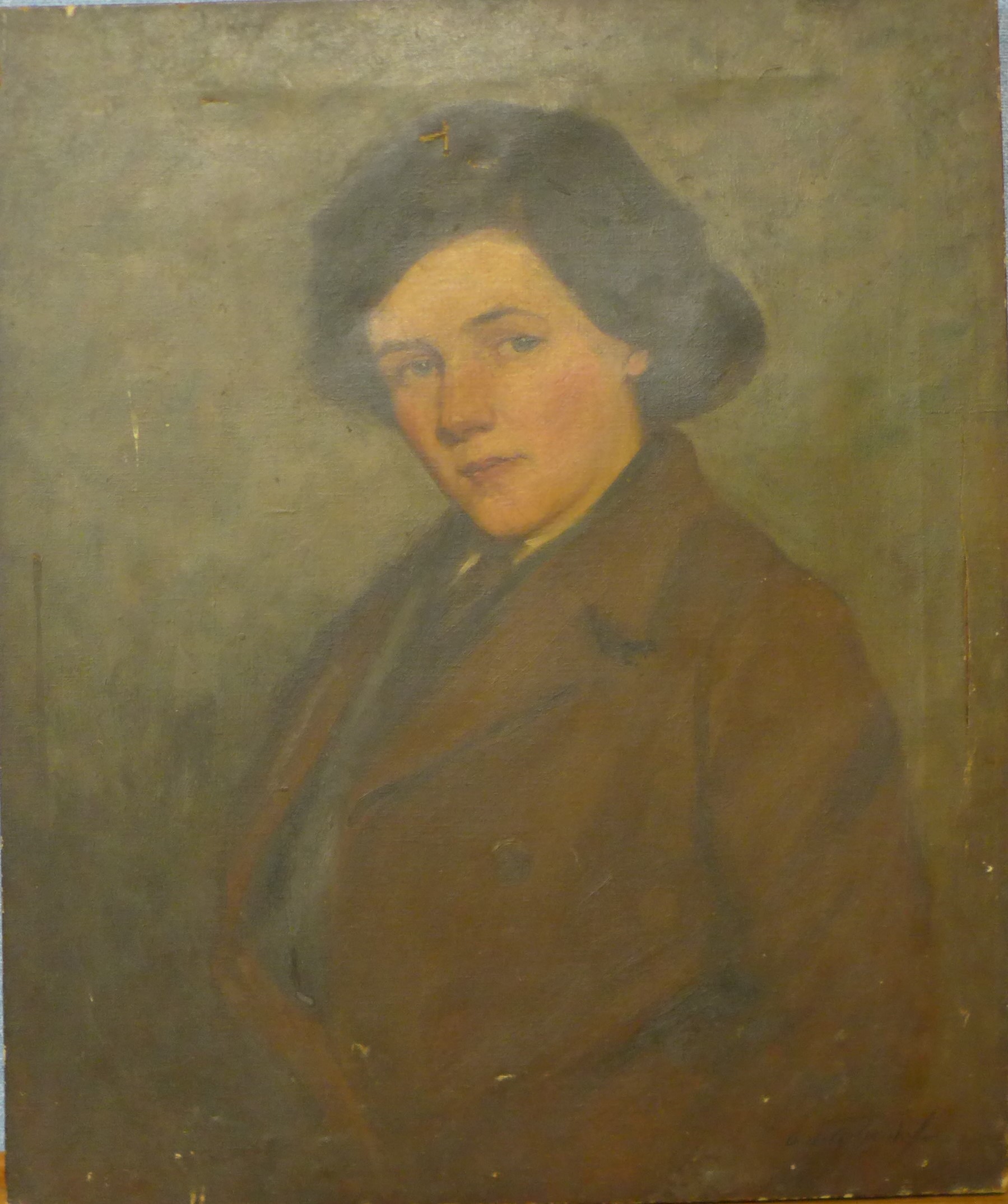 English School (mid 20th Century), half portrait of a lady, oil on canvas, indistinctly signed, 61 x