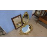 Two gilt framed mirrors and an oak mirror