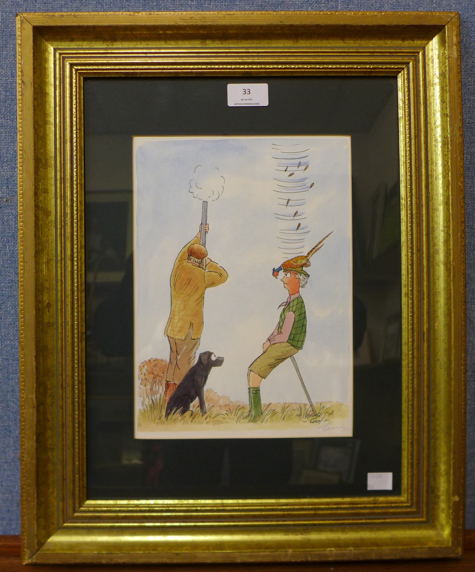 A signed Guy print, humerous pheasant shooting illustration, framed - Image 2 of 3