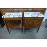 A pair of French Empire style inlaid mahogany and marble topped table de nuits