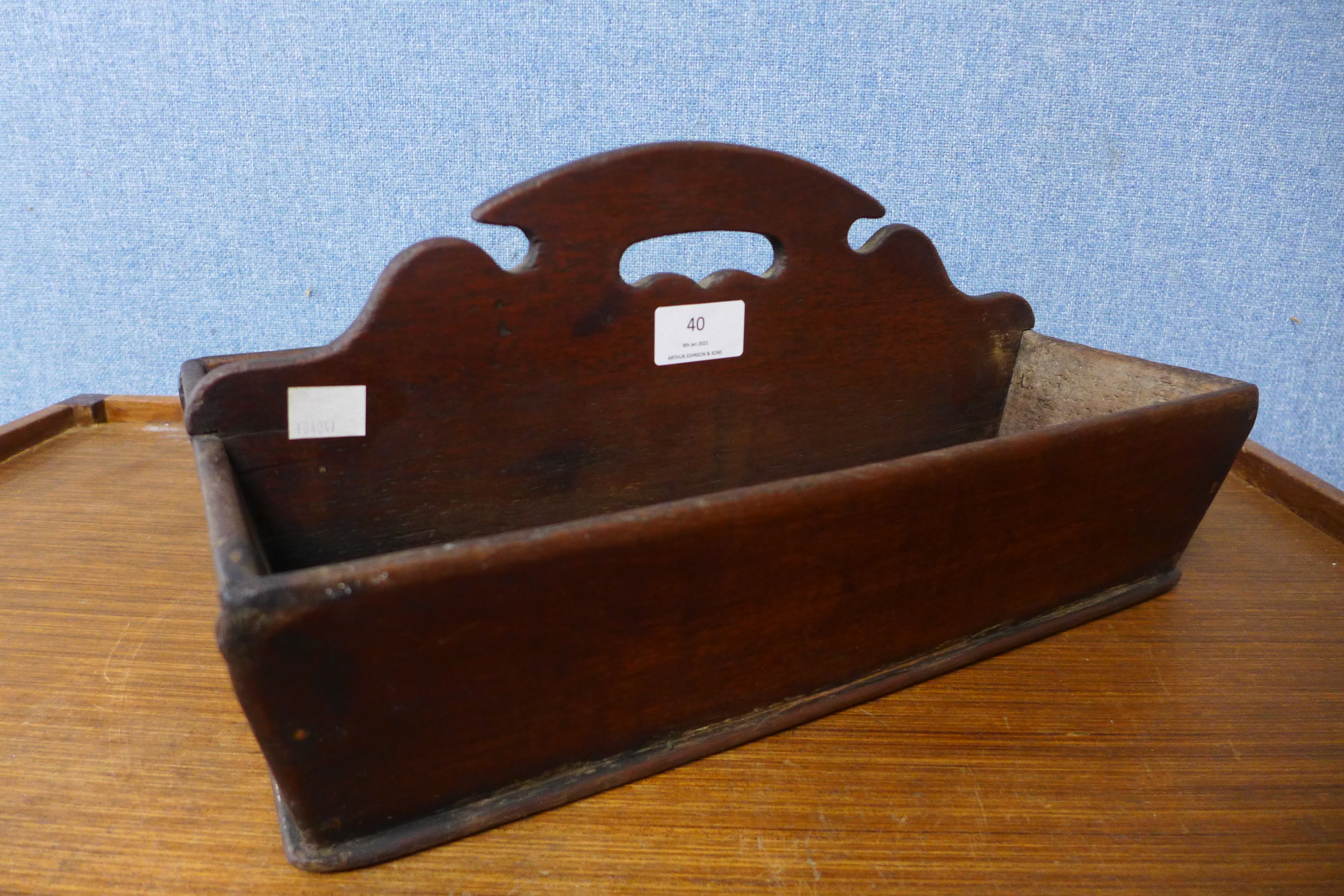 A George III oak cutlery tray, 17cms h x 36cms l