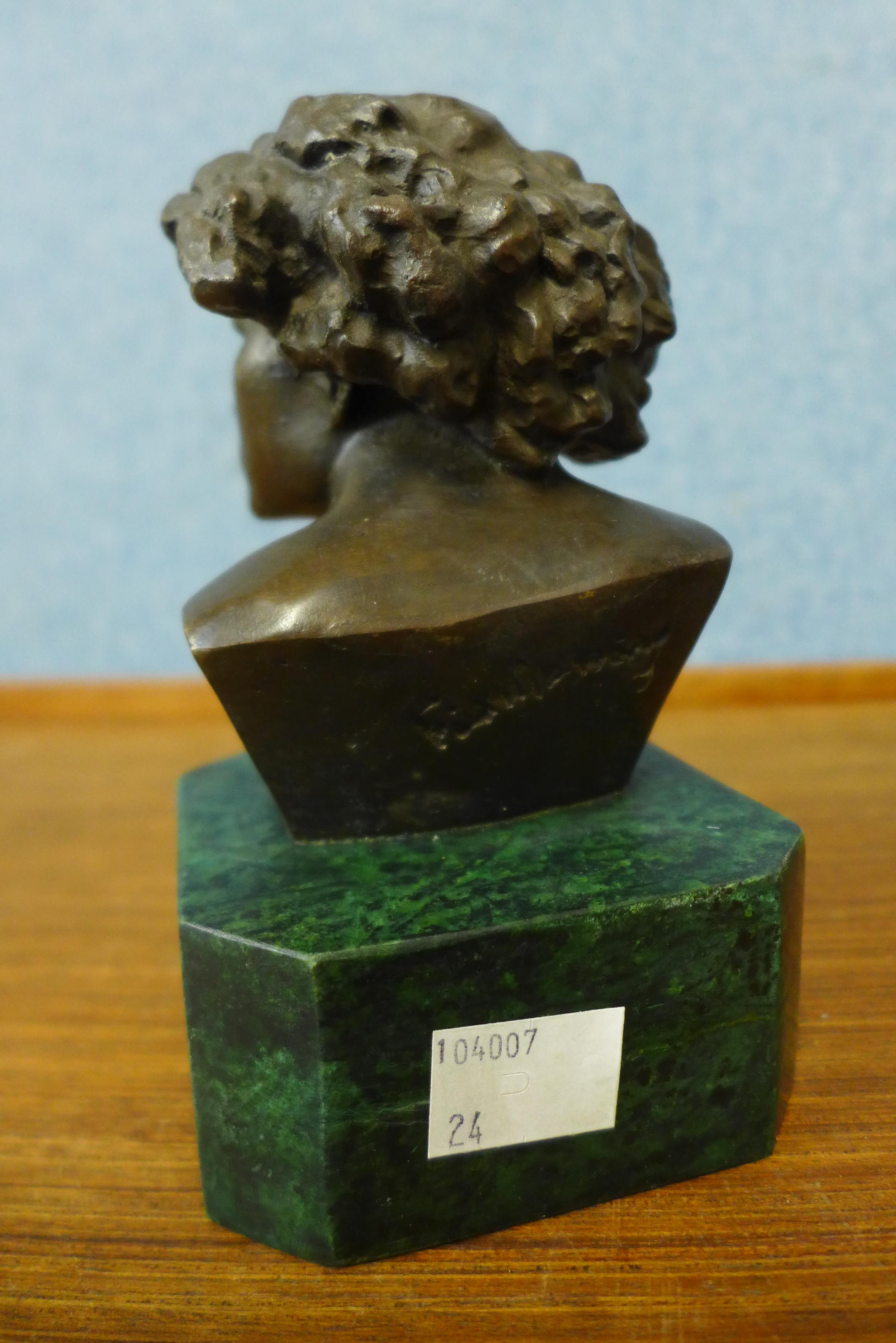 A French style bronze bust of a woman, on green marble socle, 14cms h - Image 2 of 2