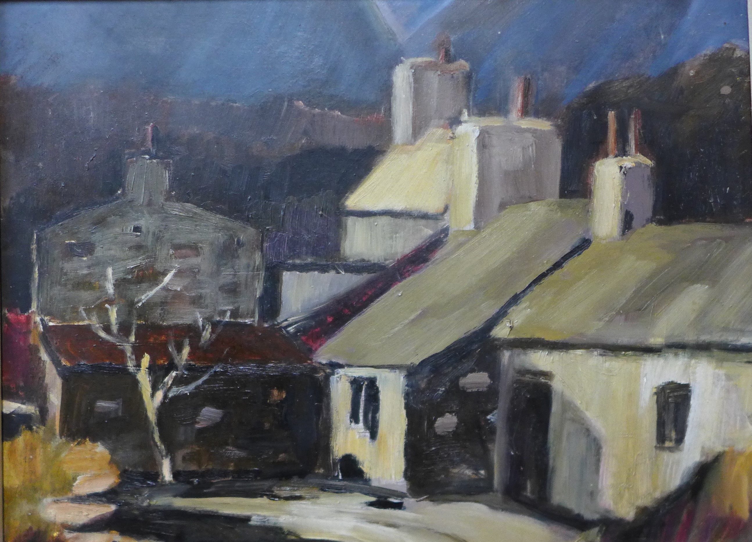 British Modernist School, town landscape, oil on board, 29 x 39cms, framed