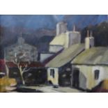 British Modernist School, town landscape, oil on board, 29 x 39cms, framed