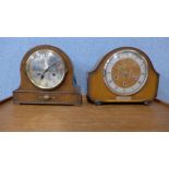 An oak mantel clock and a walnut mantel clock