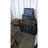 Assorted suitcases, trunks and metal boxes
