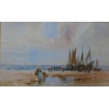 Frank Rousse, (fl. 1897-1917), figures on a beach with fishing boats, watercolour, 27 x 46cms,