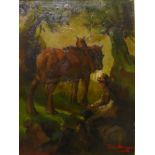 Tom Hamsom, peasant boy with horse in a woodland clearing, oil on board, 50 x 38cms, framed