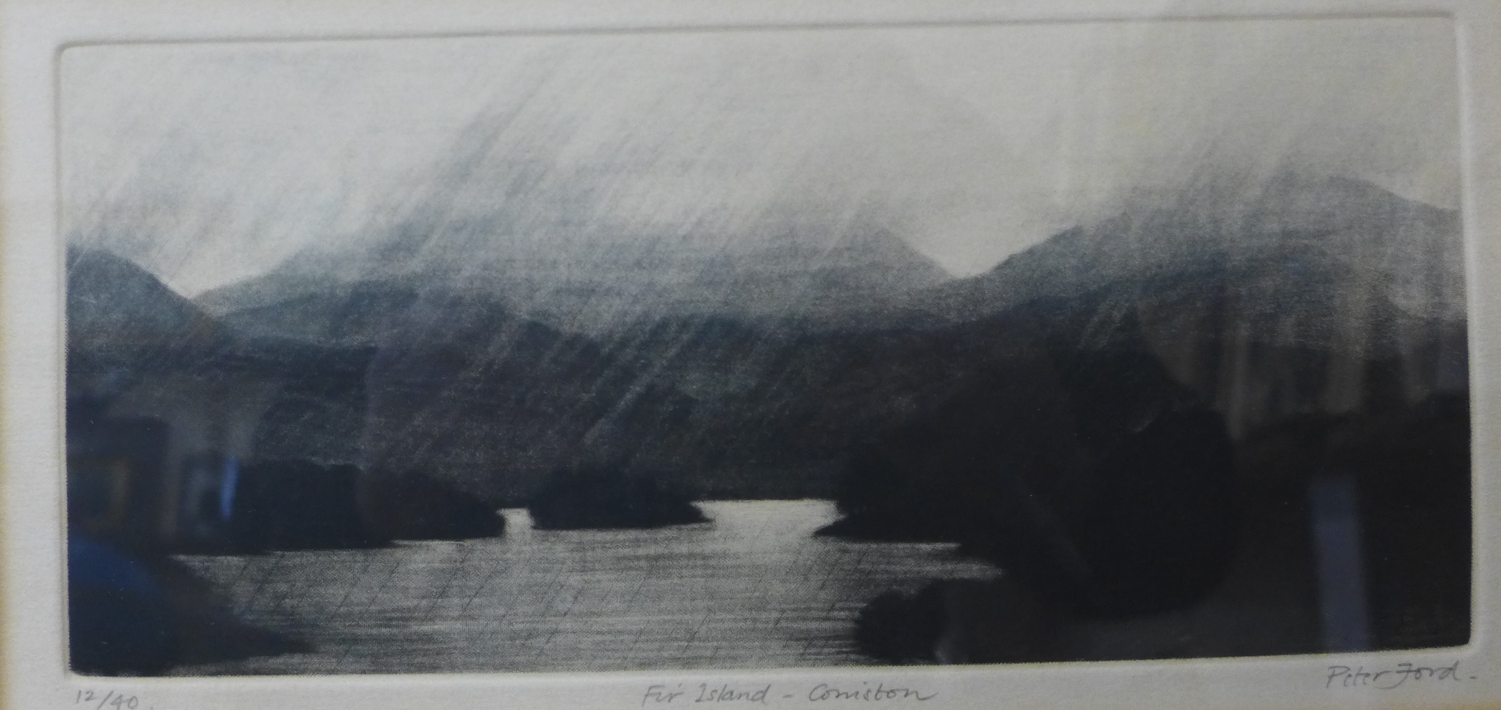 A signed Peter Ford limited edition etching, Fir Island - Coniston, 14 x 28cms, framed