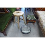 A pine stool and two other stools