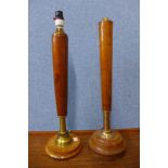 Two teak and brass table lamps