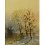 Michael Crawley, figures in a winter woodland landscape, watercolour, 34 x 26cms, framed