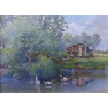 T. Battersby, duck pond, oil on board, 18 x 24cms, framed and an English School watercolour,
