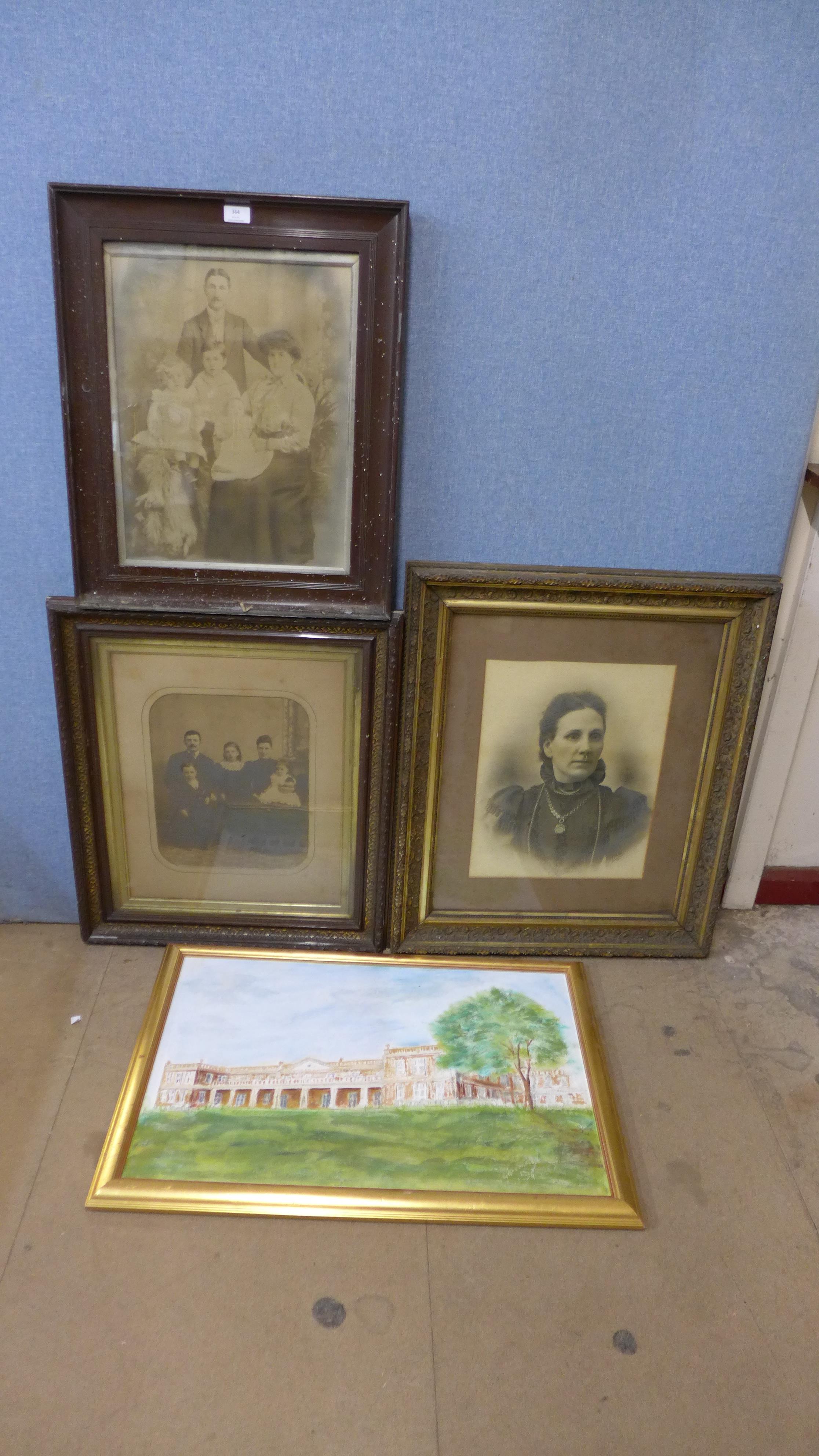 Three large framed photographs with an oil painting
