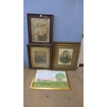 Three large framed photographs with an oil painting