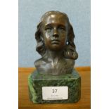 A French style bronze bust of a woman, on green marble socle, 15cms h
