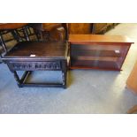 A small mahogany display cabinet and an oak single drawer occasional table