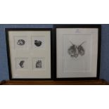 Sue Radford, pencil study of a cat and Cordelia Jones, Cat Lovers, woodblock print
