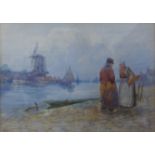 J. Brooks, Dutch figures by a river with windmill in the distance, watercolour, dated 1908, 22 x