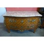 A French Louis XV style parquetry rosewood, gilt metal and marble topped bombe shaped commode, 83cms