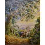 Continental School (19th Century), figure with a donkey on a path, oil on board, indistinctly