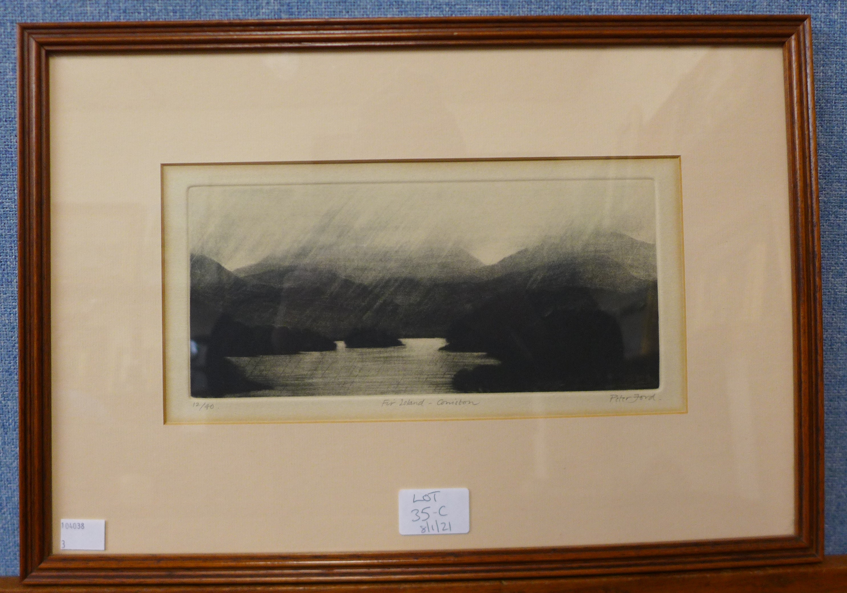 A signed Peter Ford limited edition etching, Fir Island - Coniston, 14 x 28cms, framed - Image 2 of 2