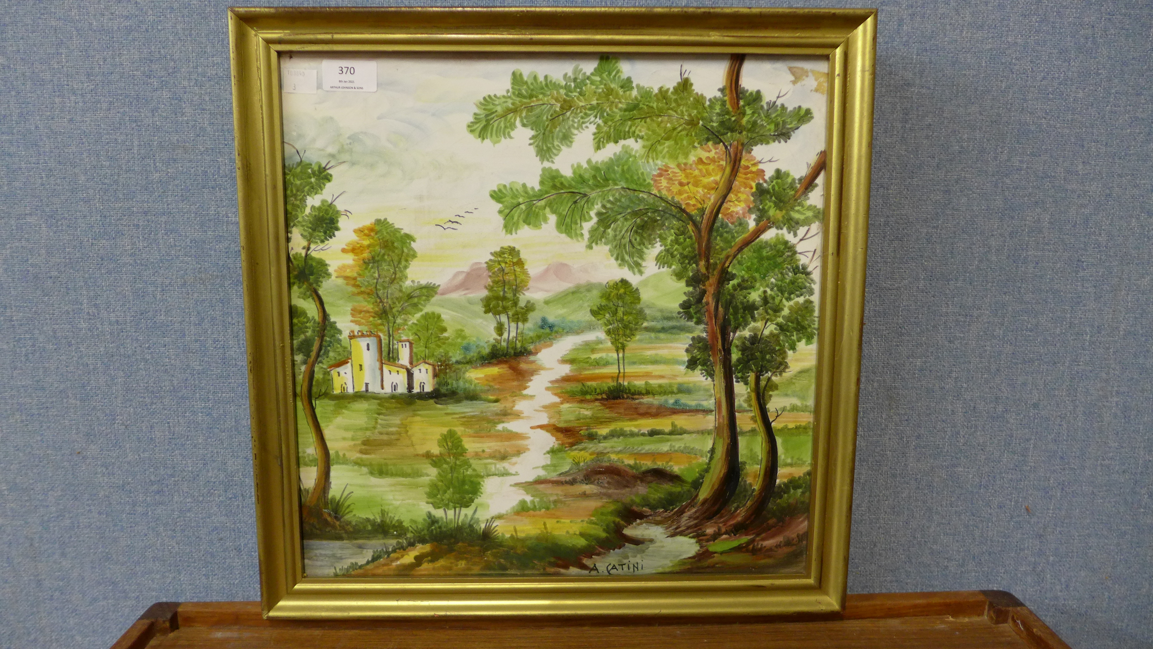 Catini, Italian landscape, painting on porcelain, framed