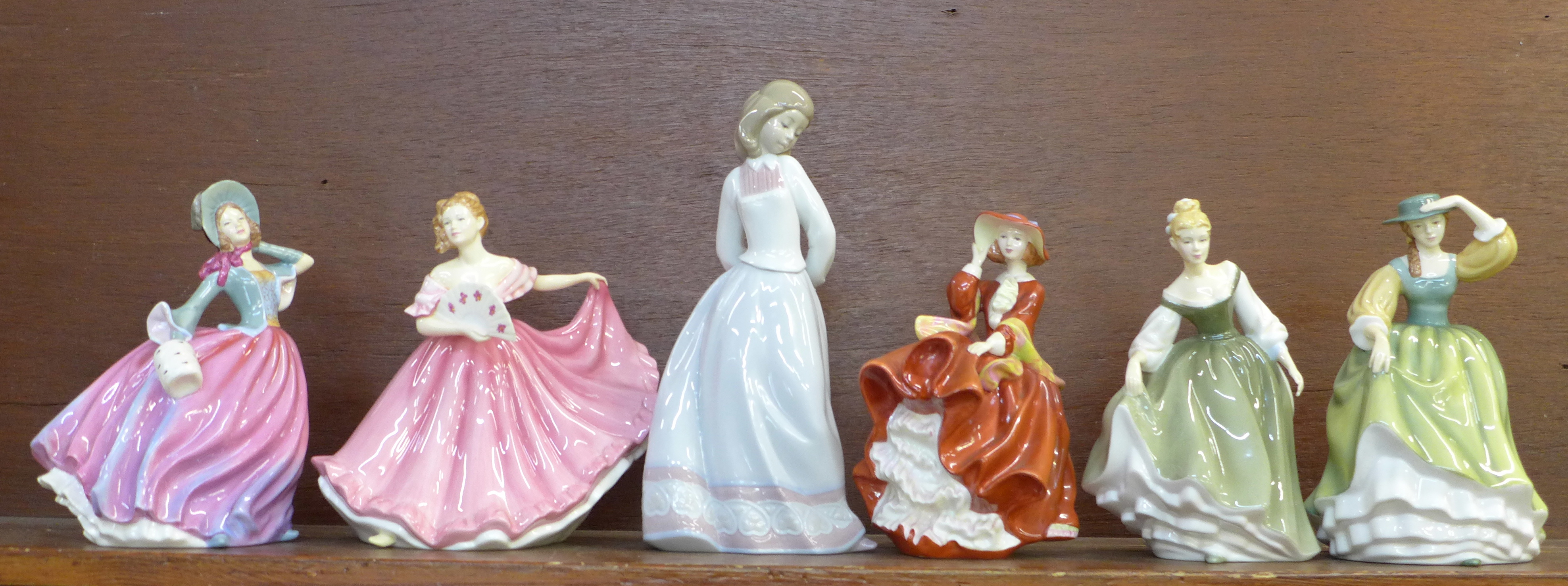 Five Royal Doulton Pretty Ladies figures and a Lladro figure, all boxed