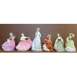 Five Royal Doulton Pretty Ladies figures and a Lladro figure, all boxed