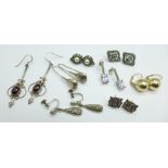 Eight pairs of earrings including a silver gilt globular pair by Dyadema, marcasite set and