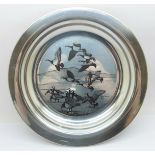 A hallmarked silver plate decorated with geese, Peter Scott, 1974, 20cm, 177g