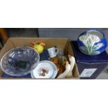 A Franz Daffodil vase, boxed, a Stuart crystal glass fruit bowl, with box, a cottage ware tea