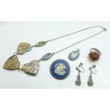 A silver and abalone necklace, a silver and amber ring, P, a Wedgwood pendant and brooch, and a pair